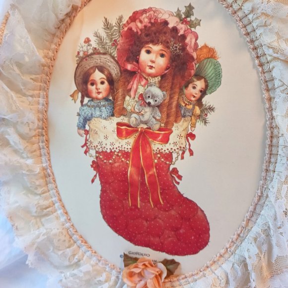 VTG 1988 Giordano Art Satin Lace Oval Framed Dolls in Red Christmas Stocking 15" - Picture 3 of 9